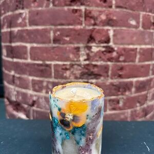 Artisan cute Floral Candle with Gold and Blue Accents, handmade